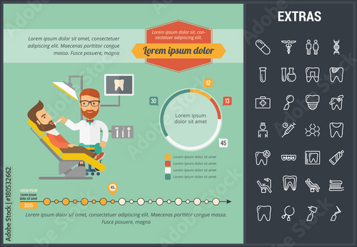 Dentistry infographic template, elements and icons. Infograph includes customizable graphs, charts, line icon set with dentist tools, dental care, tooth decay, teeth health, medicine chest etc.