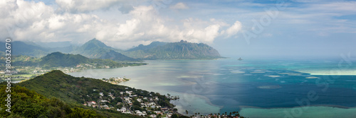 Scenic day seascape panorama of Kaneohe Bay and Kualoa Ridge in the distance. Oahu, Hawaii, USA. photo