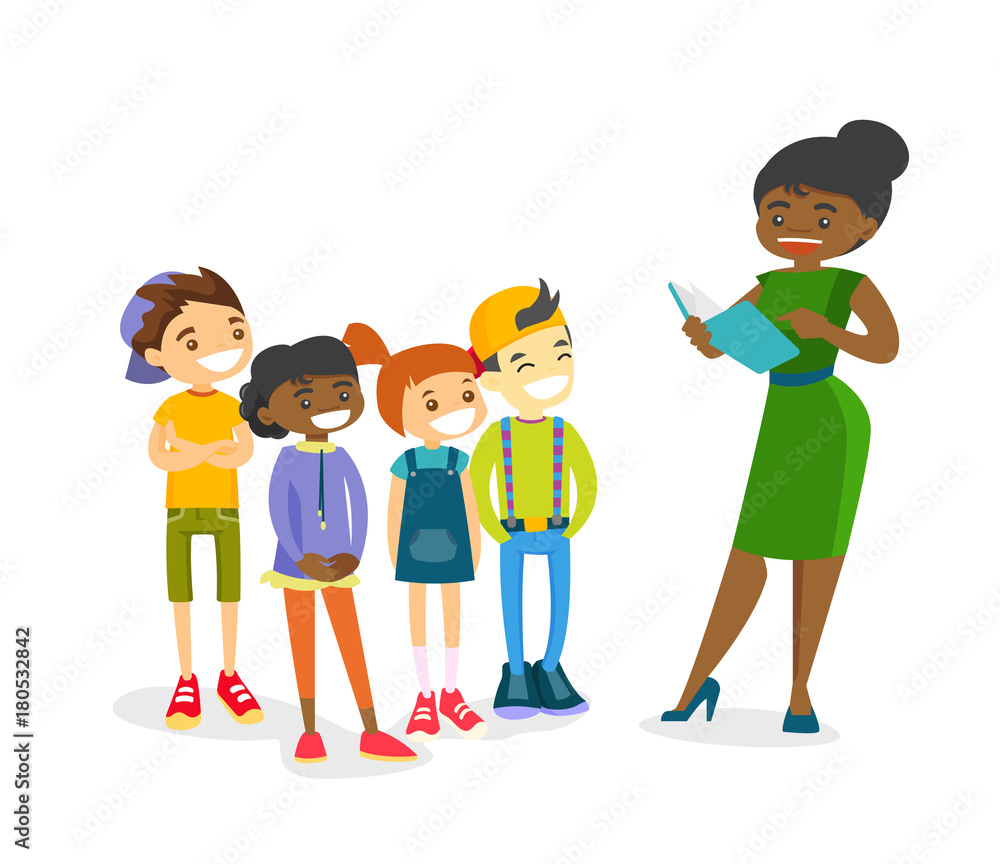 Young african-american teacher reading a story book to a group of  multiethnic children. Caucasian, African and Asian kids listening to a  tutor reading a book. Vector isolated cartoon illustration. Stock Vector |
