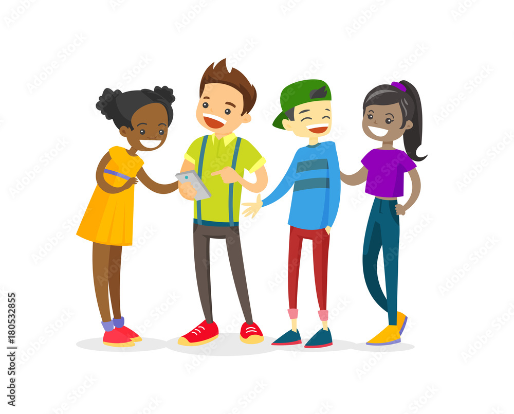 Multicultural group of teenage friends looking at smartphone and laughing. Cheerful Asian, African and Caucasian teenagers watching video on a smartphone. Vector isolated cartoon illustration. Stock Vector | Adobe Stock Multicultural group of teenage friends looking at smartphone and laughing. Cheerful Asian, African and Caucasian teenagers watching video on a smartphone. Vector isolated cartoon illustration. Stock Vector | Adobe Stock