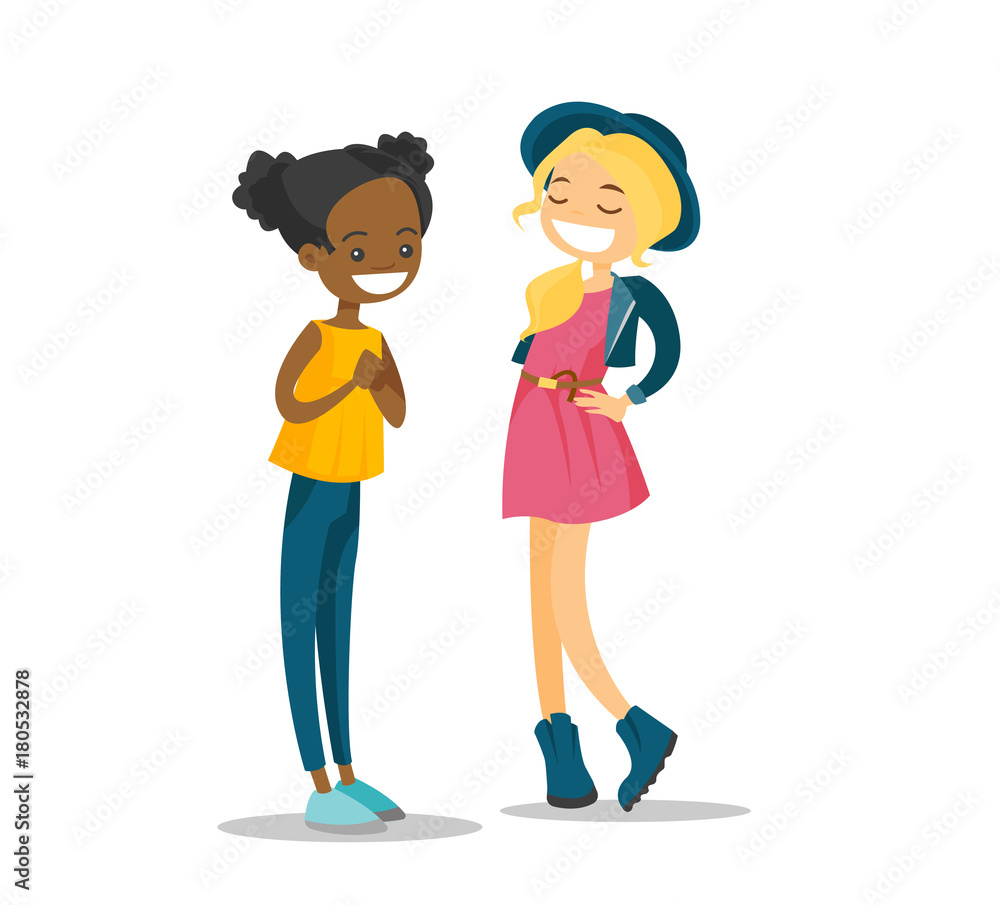 Two young happy multiracial female friends talking and laughing. Cheerful smiling african-american and caucasian teenage girls chatting. Vector isolated cartoon illustration. Stock Vector | Adobe Stock Two young happy multiracial female friends talking and laughing. Cheerful smiling african-american and caucasian teenage girls chatting. Vector isolated cartoon illustration. Stock Vector | Adobe Stock