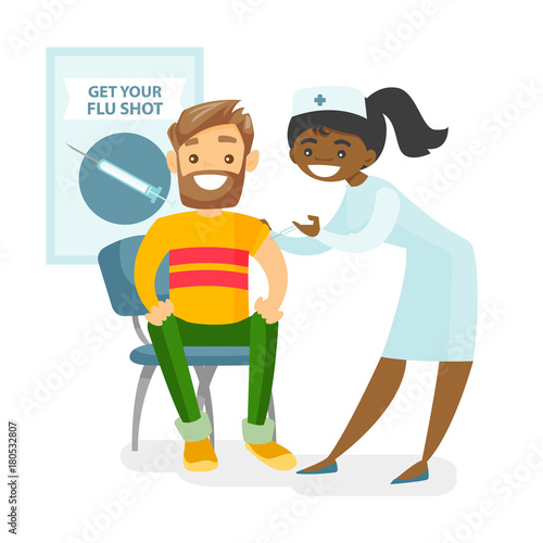 African-american doctor woman giving a free flu vaccination shot to the arm of a caucasian male patient. Young happy smiling doctor vaccinating a man against flu. Vector isolated cartoon illustration.