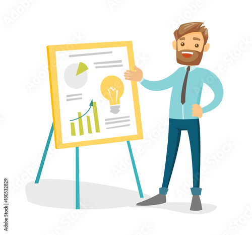 Young caucasian hipster businessman with beard giving a business presentation and pointing at board with graph and pie chart. Business presentation concept. Vector isolated cartoon illustration.