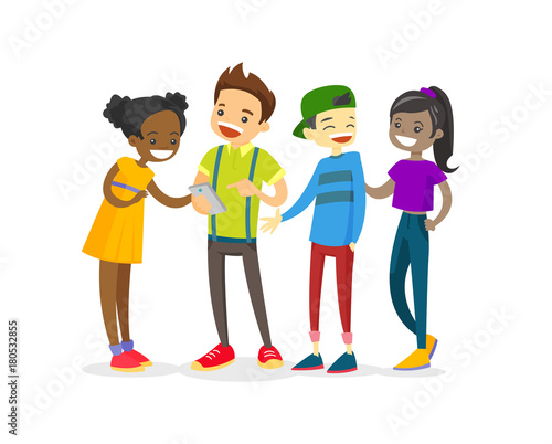 Multicultural group of teenage friends looking at smartphone and laughing. Cheerful Asian, African and Caucasian teenagers watching video on a smartphone. Vector isolated cartoon illustration.