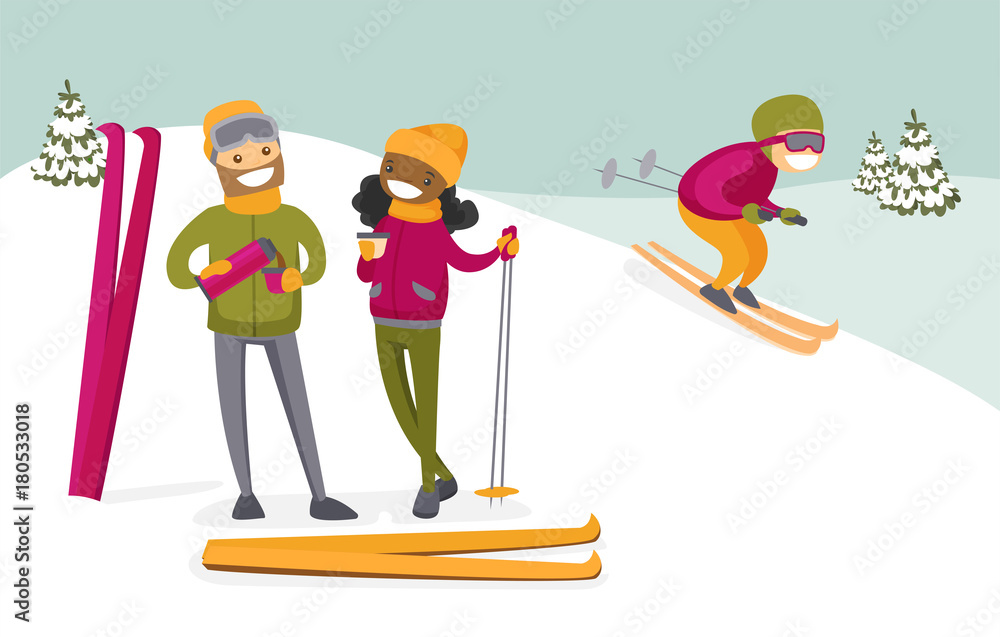 Young multicultural couple of skiers drinking hot coffee from thermos at ski resort. Happy african-american woman and caucasian man having break after skiing. Vector isolated cartoon illustration.