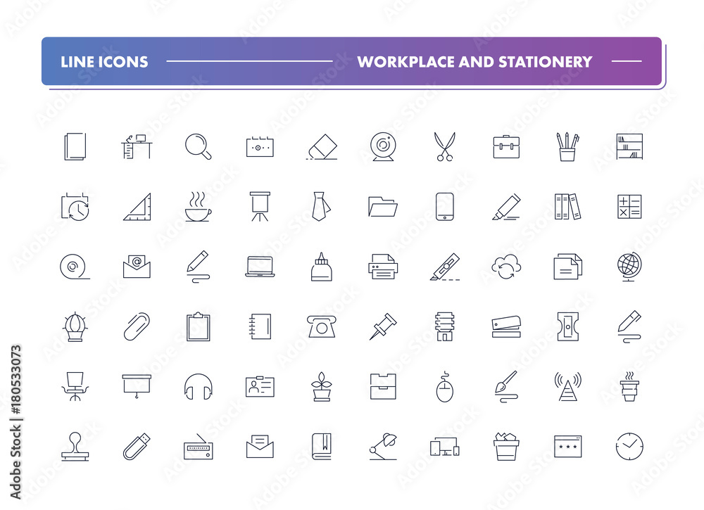 Set of 60 line icons. Workplace and stationery
