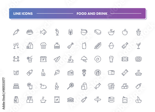 Set of 60 line icons. Food and drink 