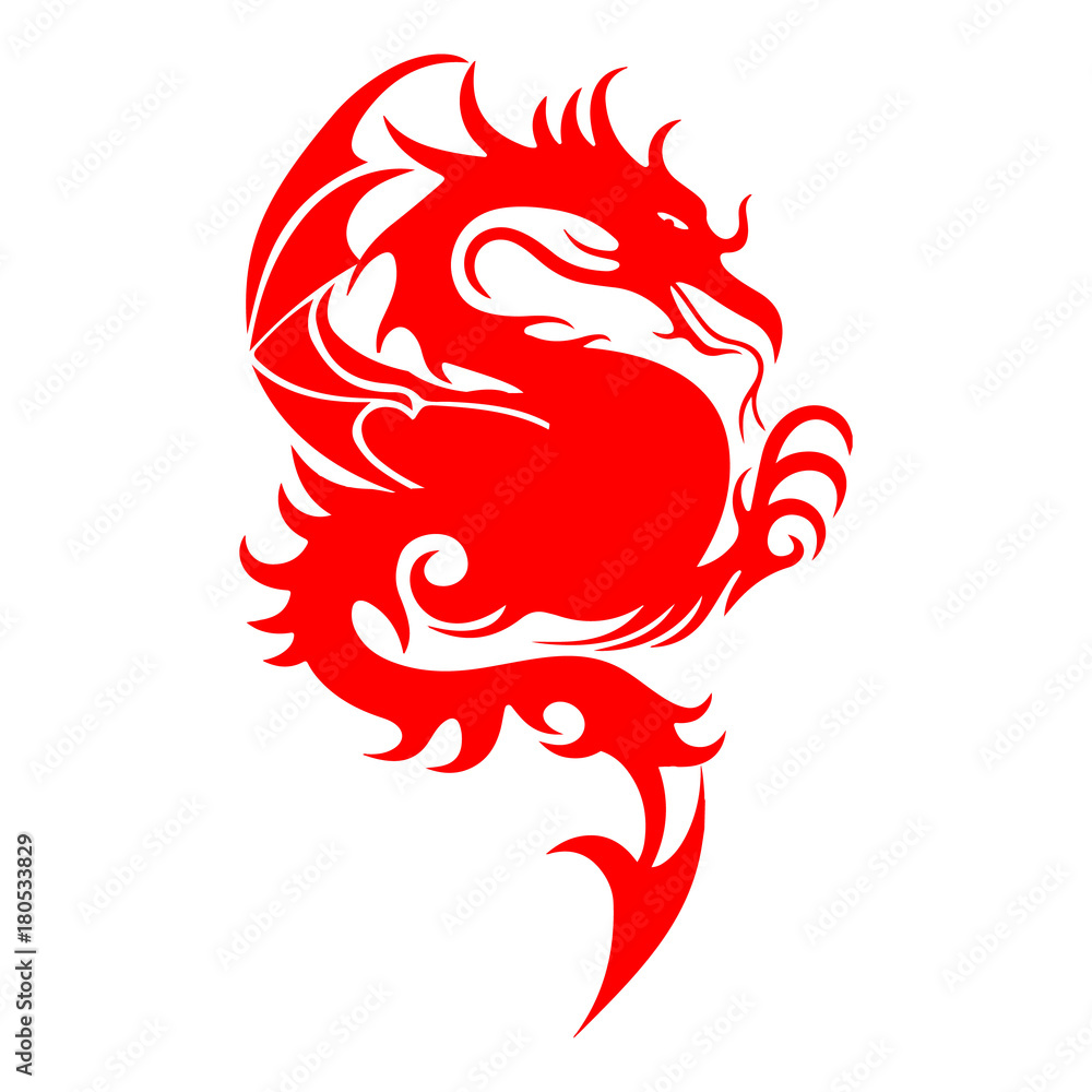 Red silhouette of a fighting dragon, sharp tail, on a white background, Red silhouette of a fighting dragon, sharp tail, on a white background,