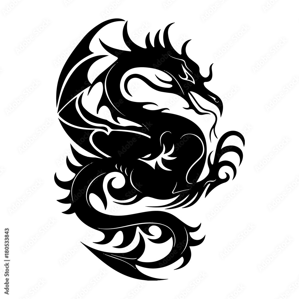 Silhouette of a black dragon fighting, on a white background, Silhouette of a black dragon fighting, on a white background,