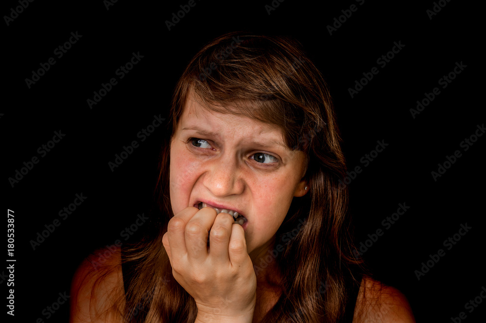 Woman with claustrophobia is alone in the dark place Woman with claustrophobia is alone in the dark place