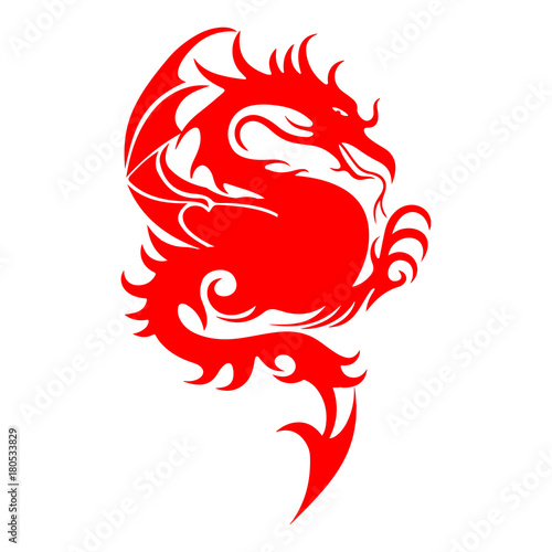 Red silhouette of a fighting dragon, sharp tail, on a white background,