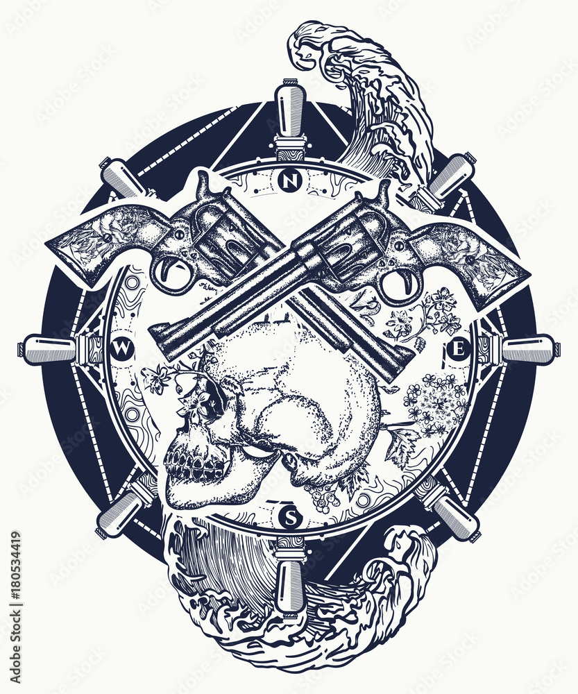 Sea pirate tattoo and t-shirt design. Crossed guns, skull, sea waves tattoo  art. Old skull pirate steering wheel crossed revolvers t-shirt design.  Symbol sea adventures Stock Vector | Adobe Stock