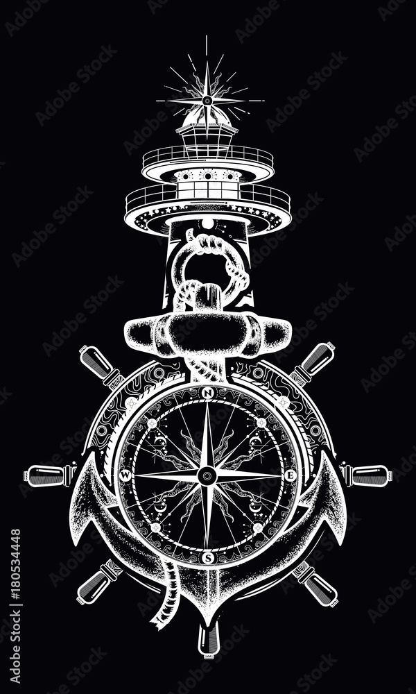 Anchor, steering wheel, compass, lighthouse, tattoo art. Old anchor and  lighthouse t-shirt design. Symbol of maritime adventure, tourism, travel  Stock Vector | Adobe Stock