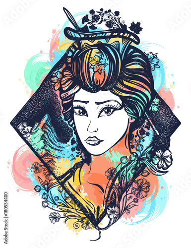 Geisha color tattoo and t-shirt design. Symbol of Asia, Japan, China. Portrait of Maiko geisha tattoo art
