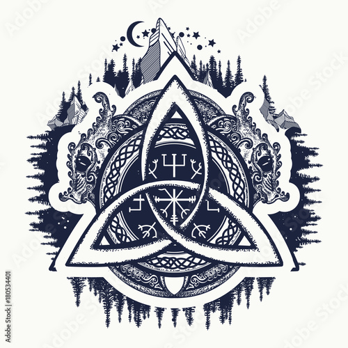 Dragons, symbol of the Viking. Helm of Awe, aegishjalmur, celtic trinity knot, northern ethnic style, tattoo. Dragons and Celtic knot, tattoo and t-shirt design