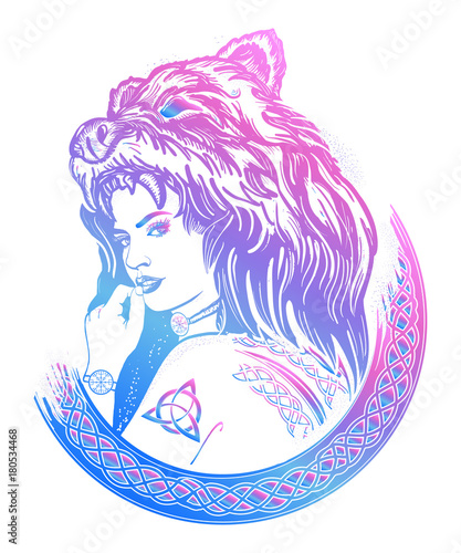 Warrior woman color tattoo. Tribal strong woman in a skin of a bear. Symbol of Scandinavia, valhhala, Valkyrie. Girl of the North. Woman hunter t-shirt design