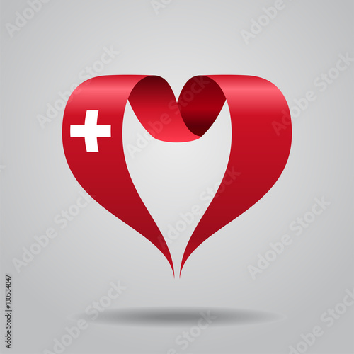 Swiss flag heart-shaped ribbon. Vector illustration.