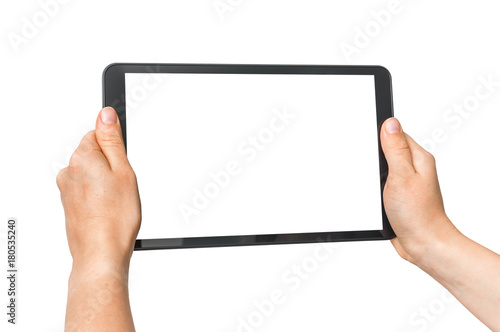 Tablet with blank white screen in female hands