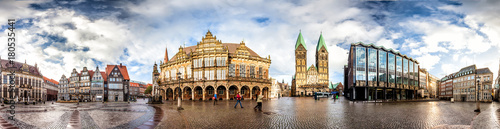Skyline of Bremen main market square in the centre of the Hanseatic City, Germany. 360 degree panoramic montage from 37 images