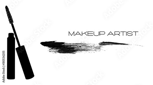 Mascara applicator with tube and smear, stroke, trace from mascara. Makeup artist logo, t-shirt design and business card concept. Hand drawn vector in graphical style. Black and white art background