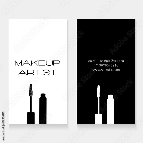Makeup artist business card. Vector template with makeup items: mascara brush and mascara tube on white and black background. Cosmetics banner set. Vector Template Fashion and beauty illustration