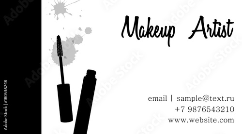 Makeup artist business card. Vector template with makeup items: mascara brush and mascara tube. beauty and cosmetic background. Cosmetics banner set. Vector Template Fashion and beauty illustration