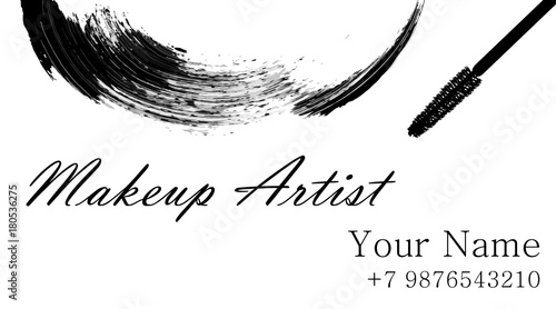 Makeup artist business card. Vector template with makeup items mascara brush and mascara stroke half-round. Template Vector.
