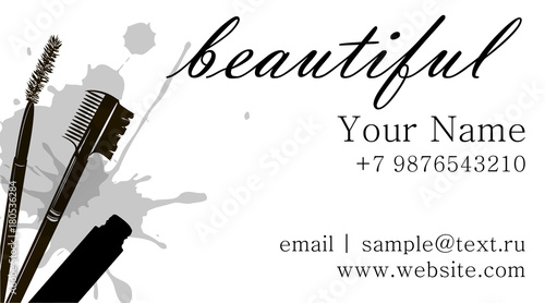 Makeup artist business card. Vector template with makeup items: Eyelash brush, eyebrow brush, tube for mascara with inscription beautiful. Fashion and beauty background. Template Vector.