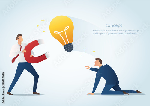 businessman holding magnet attract light bulbs steal work from colleague, plagiarism 
 vector illustration
