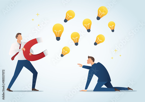 businessman holding magnet attract light bulbs steal work from colleague, plagiarism 
 vector illustration