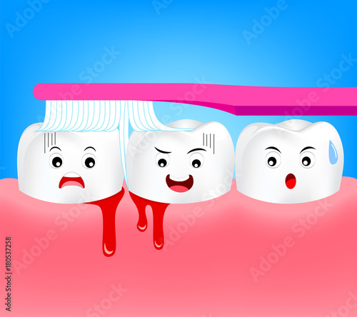 Cute cartoon tooth character brushing with bleeding on gum and tooth concept gingivitis or scurvy. Illustration isolated on blue background.