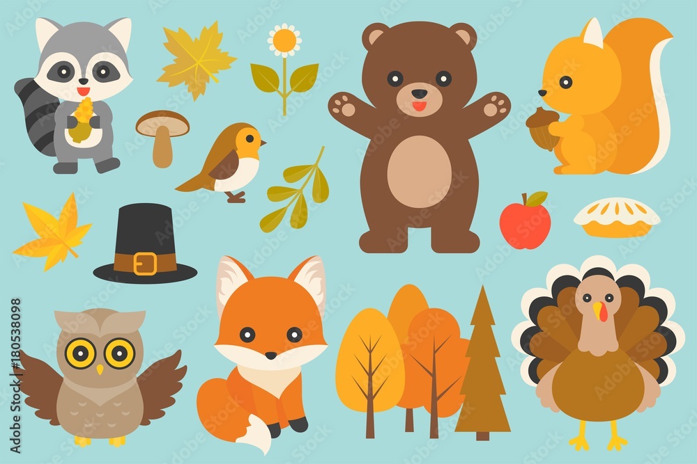 Obraz premium wild animal and elements such as bear, turkey, bird, fox, owl, raccoon, mushroom, maple leaves, branch with leaves, pilgrim hat for thanksgiving day and autumn season in flat design