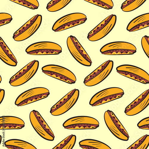 Colorful seamless pattern with cute cartoon american hot dog. Comic flat color tasty hotdogs texture for fast food textile, wrapping paper, package, background, restaurant or cafe banners