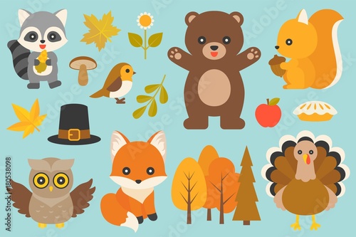 wild animal and elements such as bear, turkey, bird, fox, owl, raccoon, mushroom, maple leaves, branch with leaves, pilgrim hat for thanksgiving day and autumn season in flat design