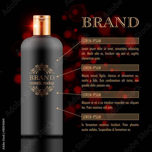 Set of cosmetic products on black background. Packaging template. Vector illustration