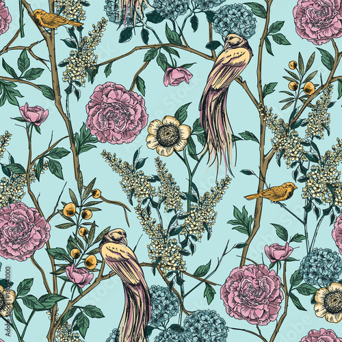 Fototapeta Naklejka Na Ścianę i Meble -  Victorian garden. Floral seamless pattern. Vector illustration.