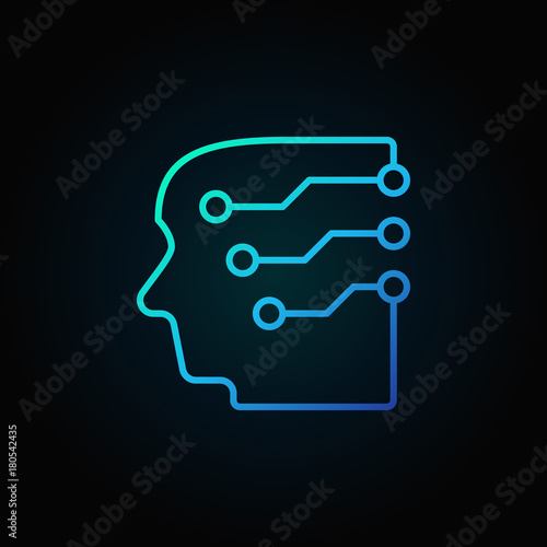 Head with a brain as circuit board blue vector outline icon