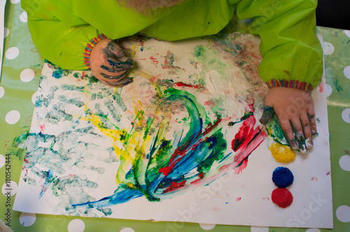 children painting with finger paint photo