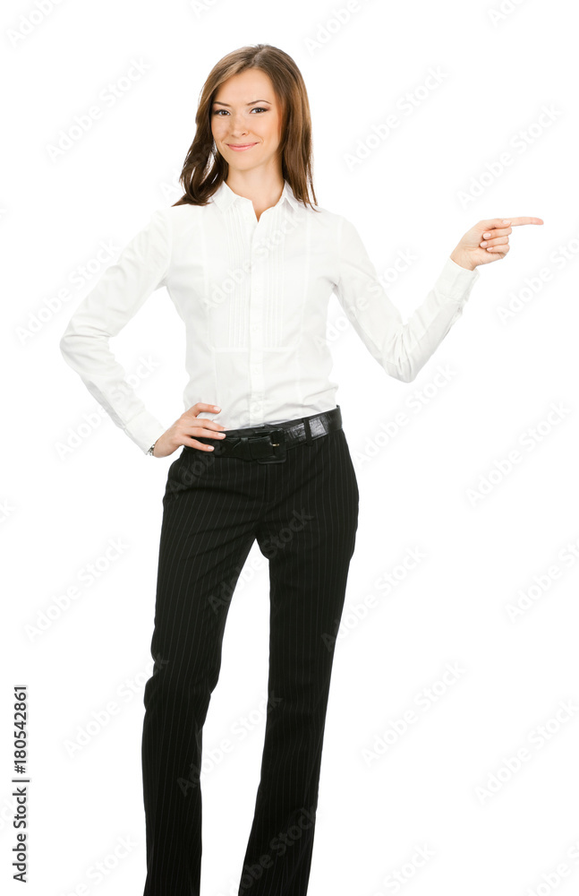 Business woman showing, isolated Business woman showing, isolated
