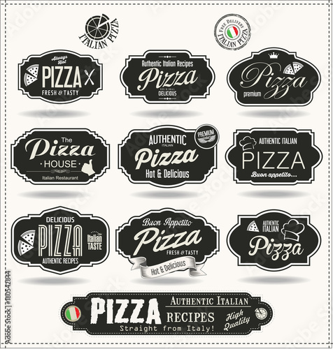 Pizza badges and labels retro black collection