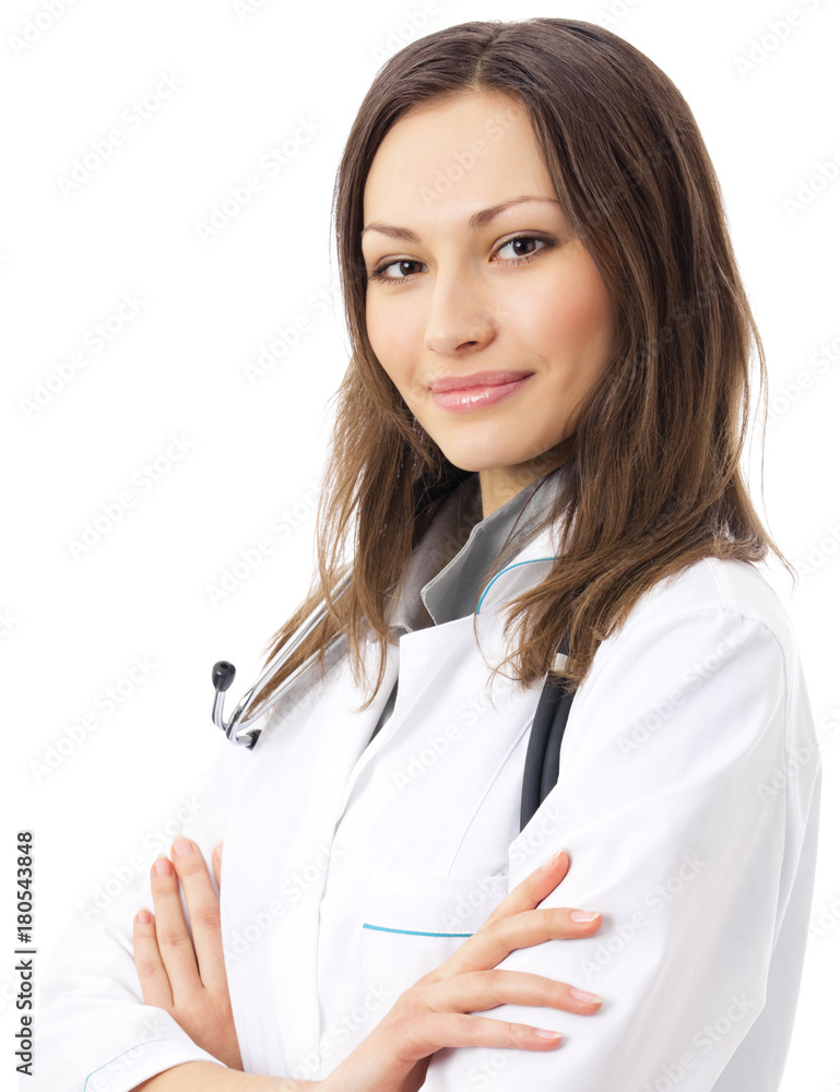 Happy smiling female doctor, over white Happy smiling female doctor, over white