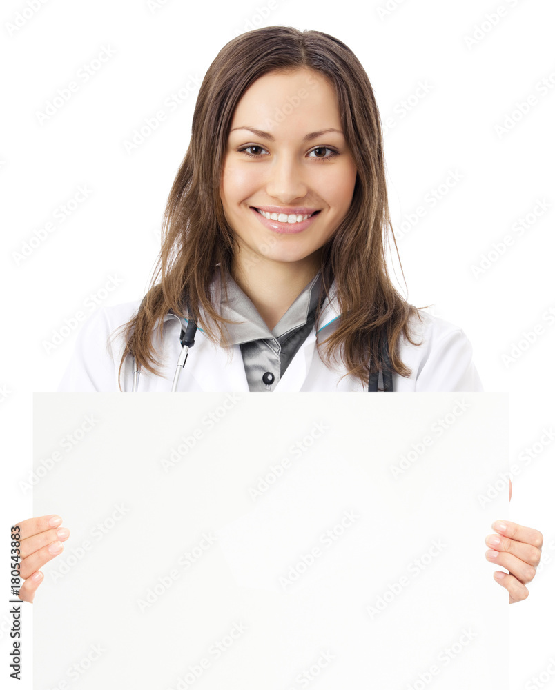 Happy doctor showing signboard, over white Happy doctor showing signboard, over white