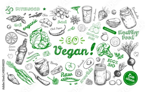 Go vegan. Healthy food. Vegetarian Big Set. Vector hand drawn isolated elements on white. Sketch style