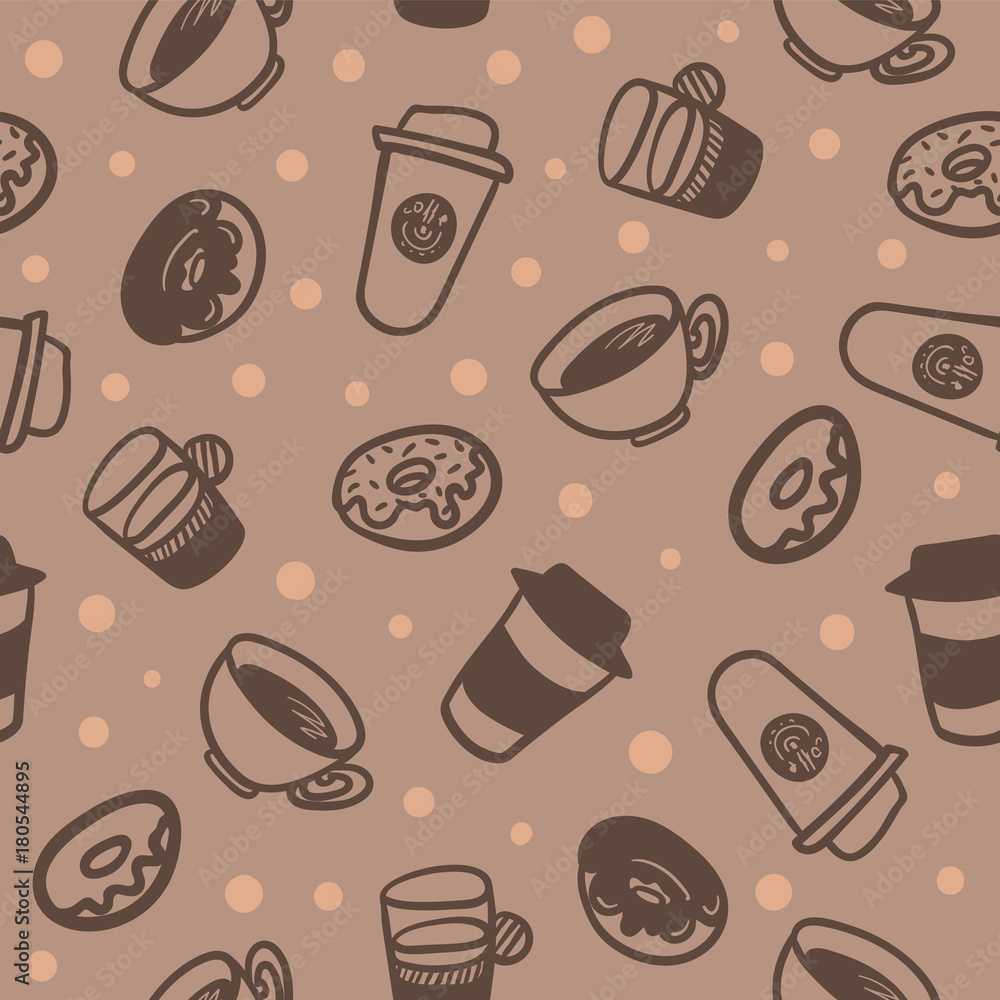 Seamless background with a pattern of a cups of coffee and delicious donuts. Coffee Attributes Color Hand Drawn Seamless Pattern. Coffee Sketch Background. Seamless background with a pattern of a cups of coffee and delicious donuts. Coffee Attributes Color Hand Drawn Seamless Pattern. Coffee Sketch Background.