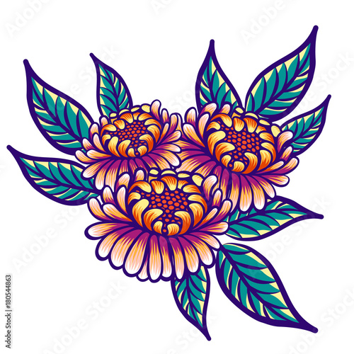 Floral hand drawn vintage flowers. Fabulous orange-purple flowers and green l...