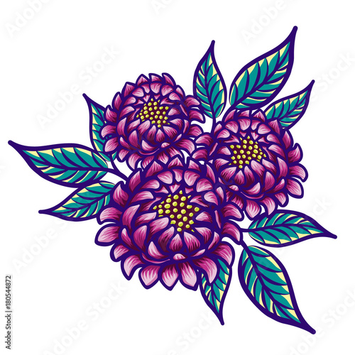 Floral hand drawn vintage flower. Fabulous purple flowers and green leaves on...