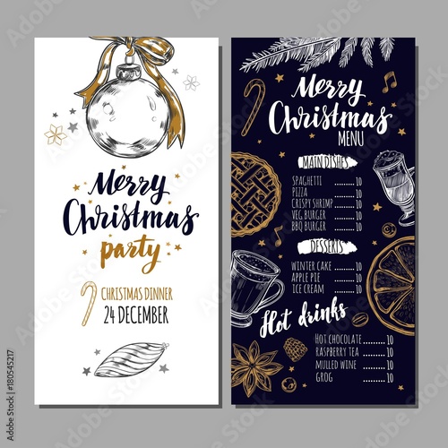 Merry Christmas festive Winter Menu on Chalkboard. Design template includes different Vector hand drawn illustrations and Brushpen Modern Calligraphy. Beverages, food and christmas elements.