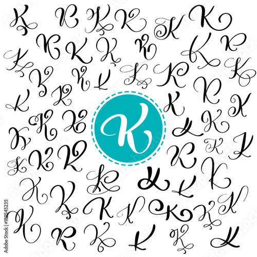 Set of Hand drawn vector calligraphy letter K. Script font. Isolated letters written with ink. Handwritten brush style. Hand lettering for logos packaging design poster