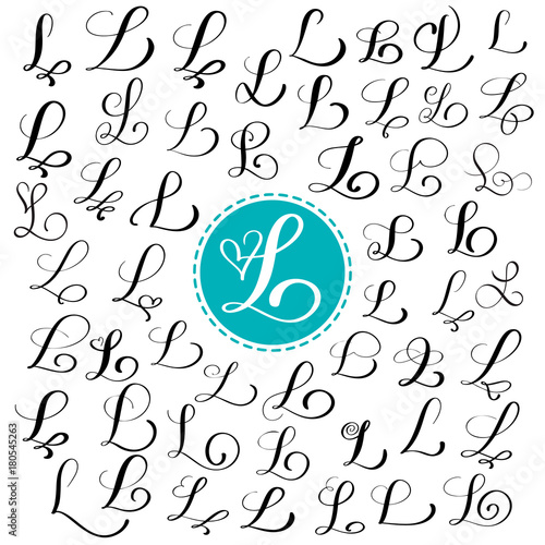 Set of Hand drawn vector calligraphy letter L. Script font. Isolated letters written with ink. Handwritten brush style. Hand lettering for logos packaging design poster