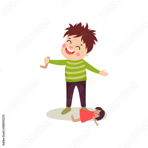 Bad boy with happy face tore off doll s leg, bully kid demonstrating bad behavior